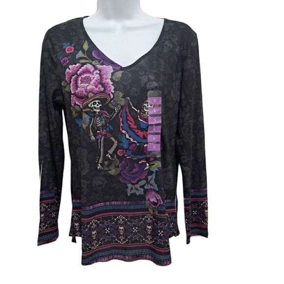 Day Of The Dead Embellished Skulls Roses Goth Shirt Size S NWT - Picture 1 of 6